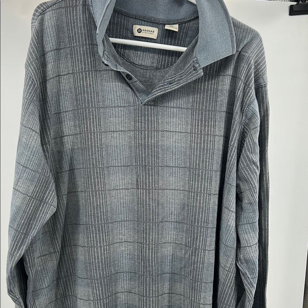 Haggar Blue and Gray long sleeve thick Polo Shirt XXL work office plaid - Picture 3 of 10